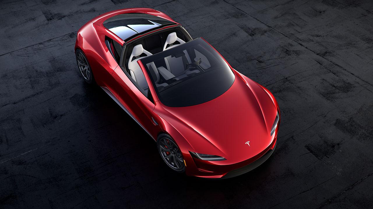 Tesla Roadster - Vogelperspektive mit offenem Verdeck